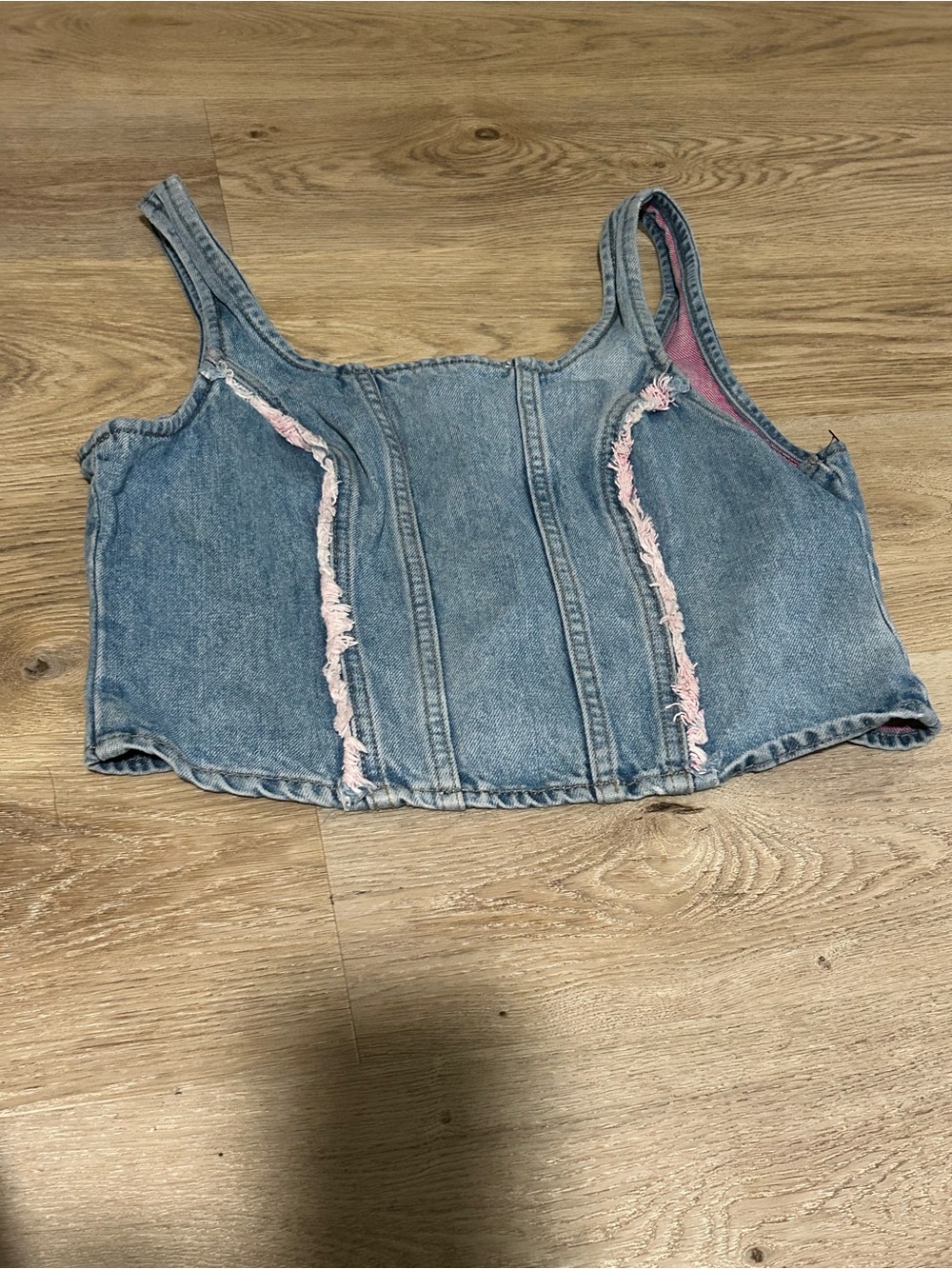 Lee Light Wash Denim Crop Top with Pink Frayed Trim